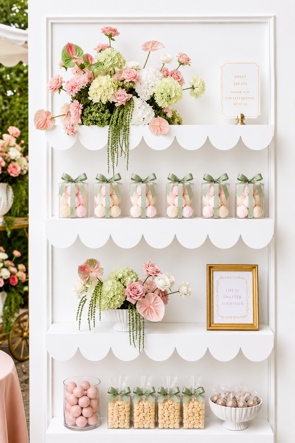 A pastel-colored display of flowers, candies, and treats for a celebration, featuring pink, white, and green floral arrangements, clear boxes of pastel meringues tied with green ribbons, and various candies in jars with decorative signs.