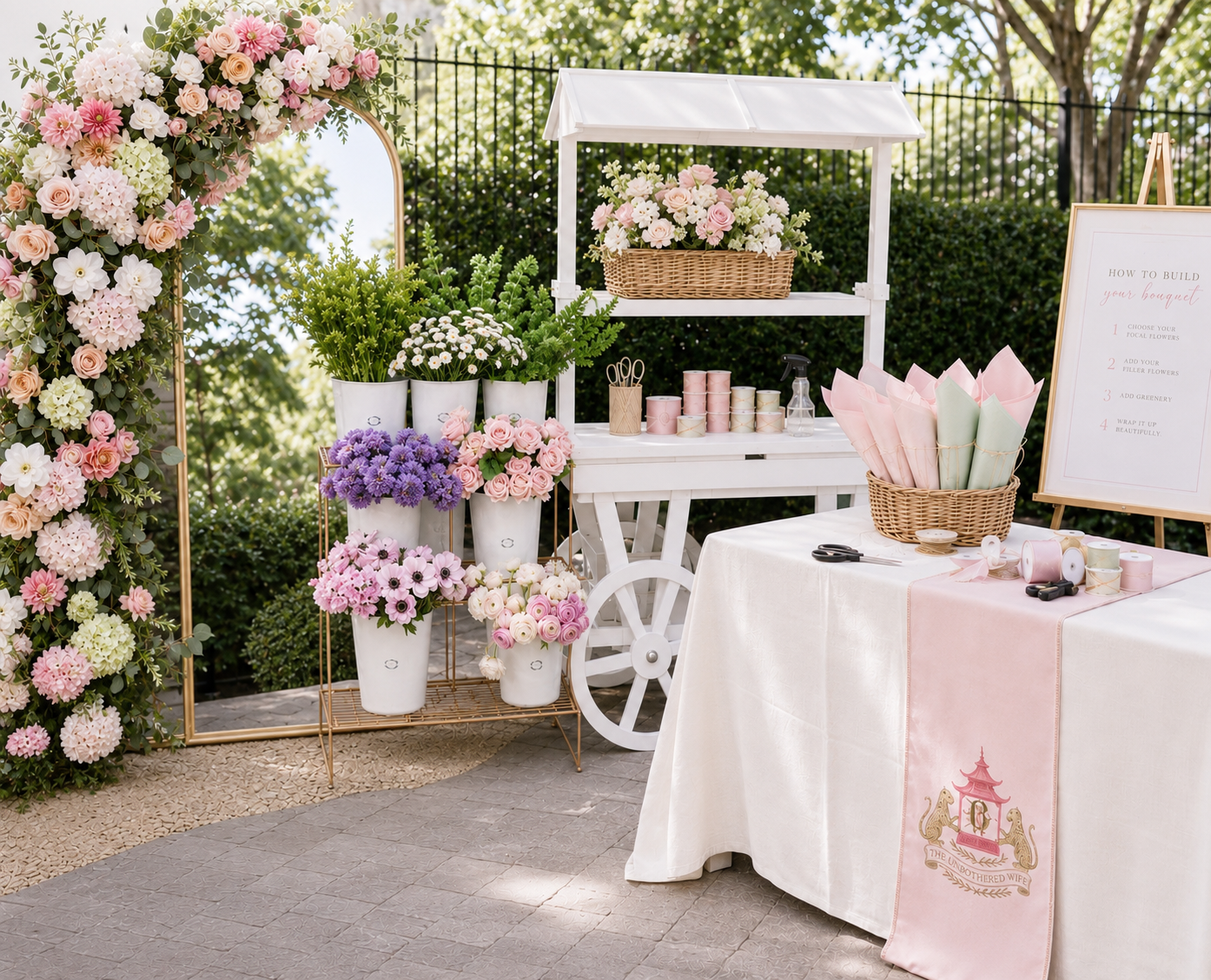 A floral arrangement with pink and white flowers and a mirror on a stand, various flower pots with colorful flowers, a white table with pink and white tissue paper, ribbons, scissors, and a sign about flower arranging for a wedding or event outdoors on a stone patio with trees in the background.