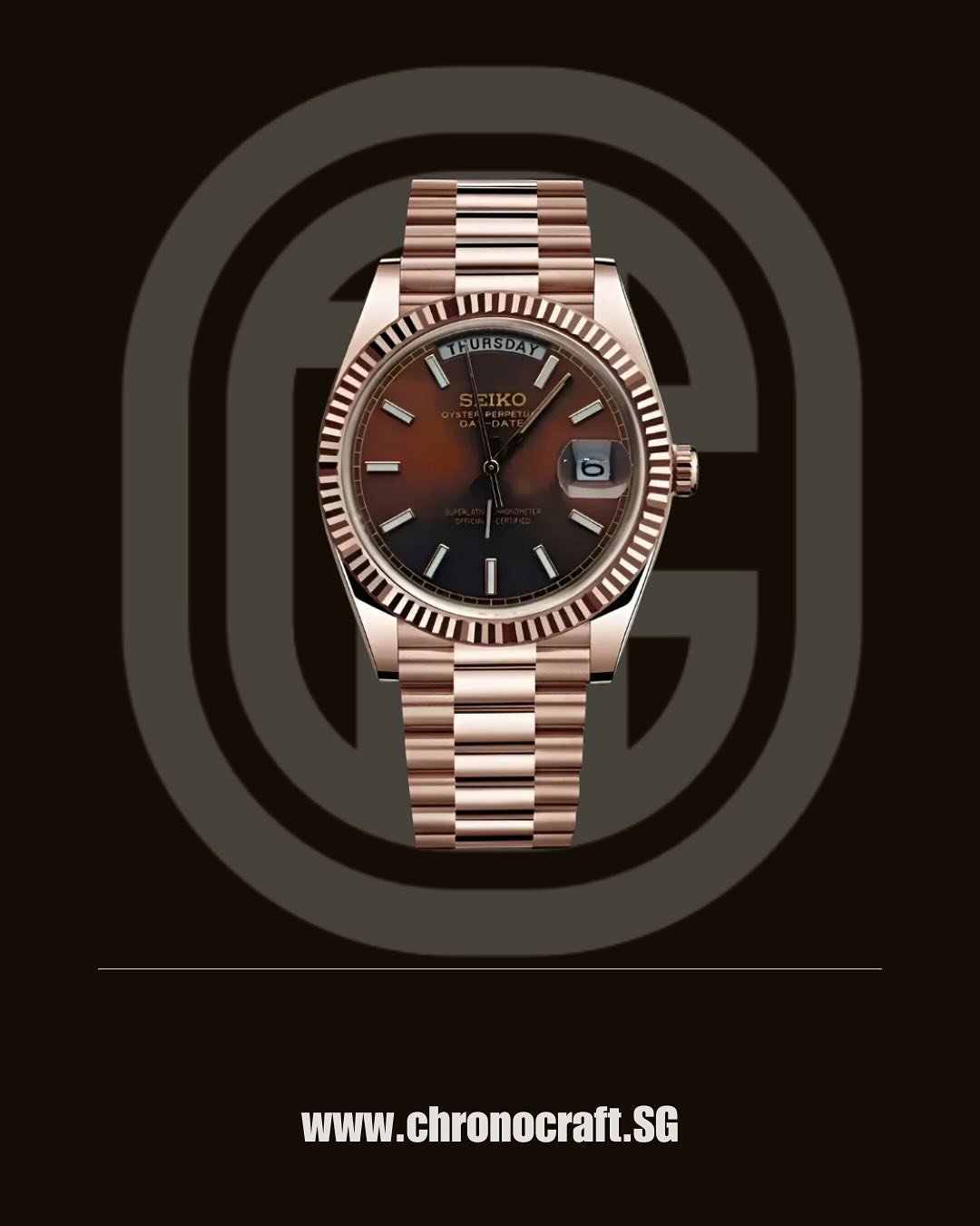 SEIKO ROSE GOLD &amp; CHOCOLATE DAY-DATE

The signature blend of rose gold and chocolate brown, iconic and classy and could never go wrong. This watch is the perfect combination of both utility and luxury.
Unlike other nh35 seiko mod  complications, 