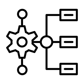 Diagram of a gear connected to three related boxes, illustrating a process or workflow.