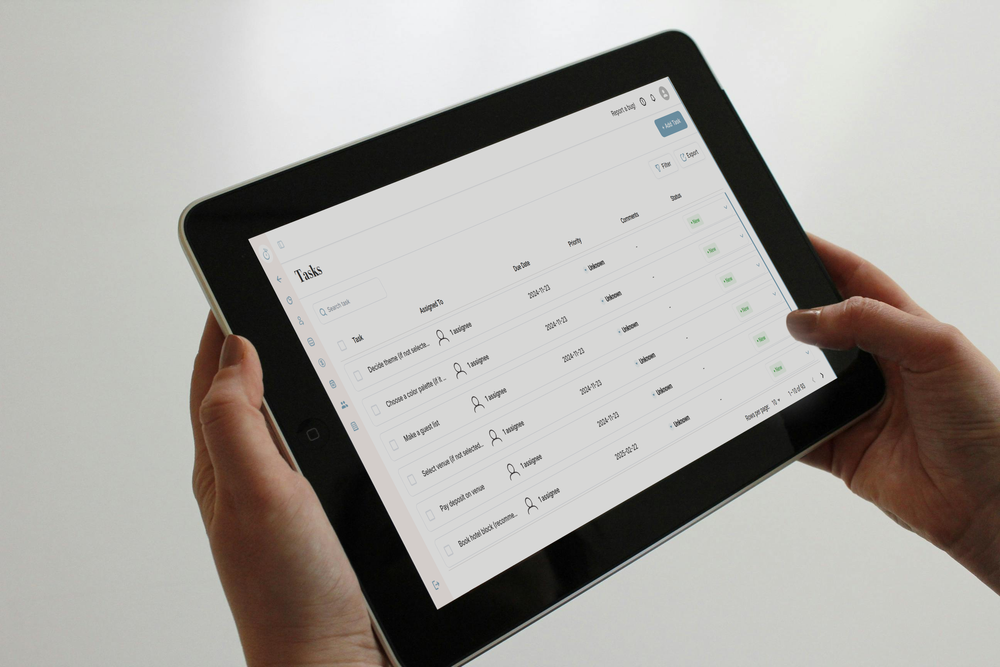On Time Bride wedding task manager showing task owners, due dates, priorities, comments and status