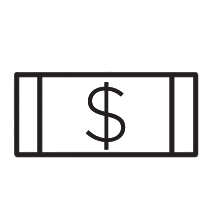 A black and white illustration of a dollar bill with a dollar sign in the center.