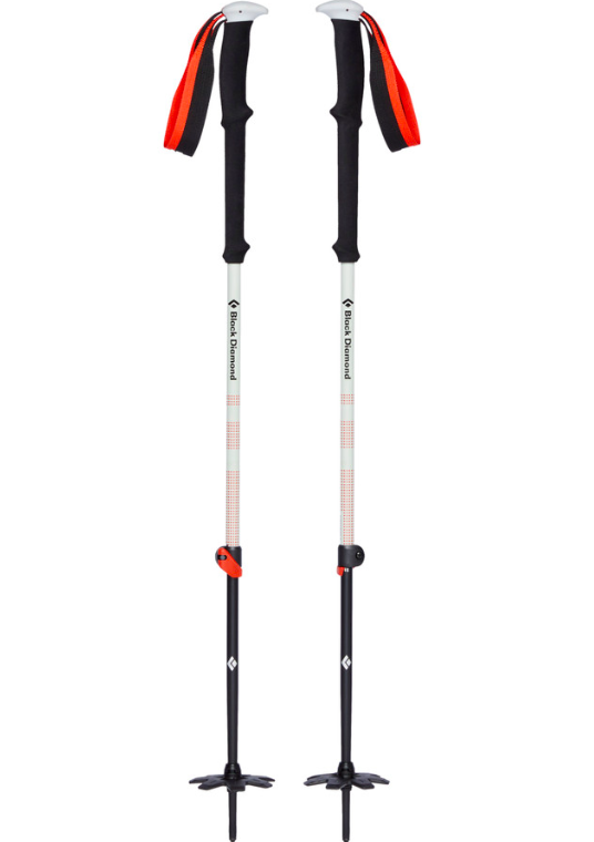 Pair of trekking poles with black handles, white shafts with red markings, and adjustable straps, standing upright on a white background.