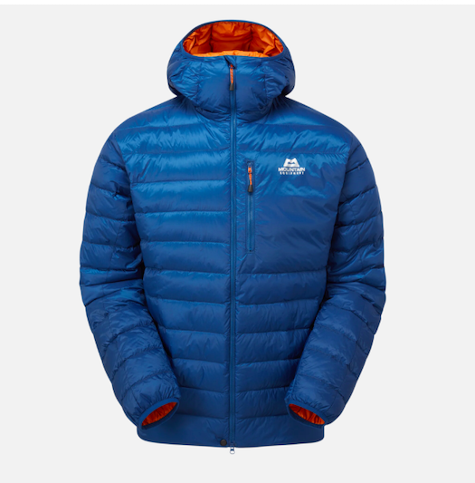 Blue insulated outdoor jacket with a hood, orange lining, and a logo on the chest that says 'Mountain Equipment'.