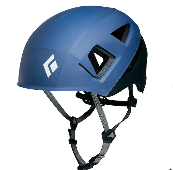 Blue climbing or safety helmet with ventilation slots and adjustable strap.