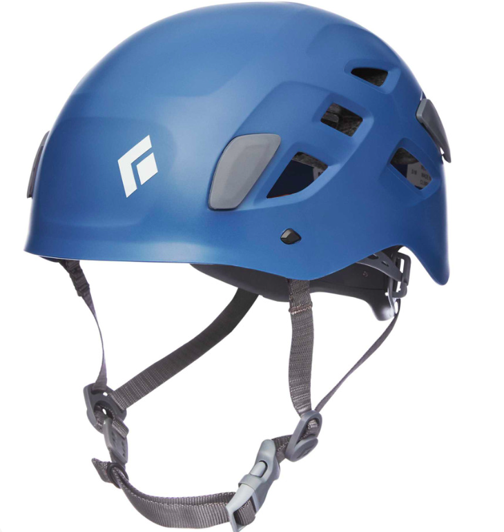 Blue helmet with gray ventilation windows and adjustable chin strap.