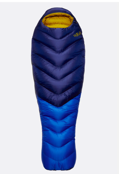 A sleeping bag with a blue exterior and yellow interior lining.