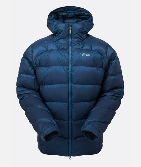 Blue puffer jacket with hood and zipper, featuring the Rab logo on the chest.