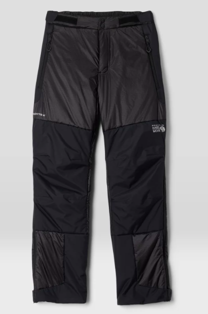 Black and gray North Face waterproof pants with zippered pockets and adjustable waistband.