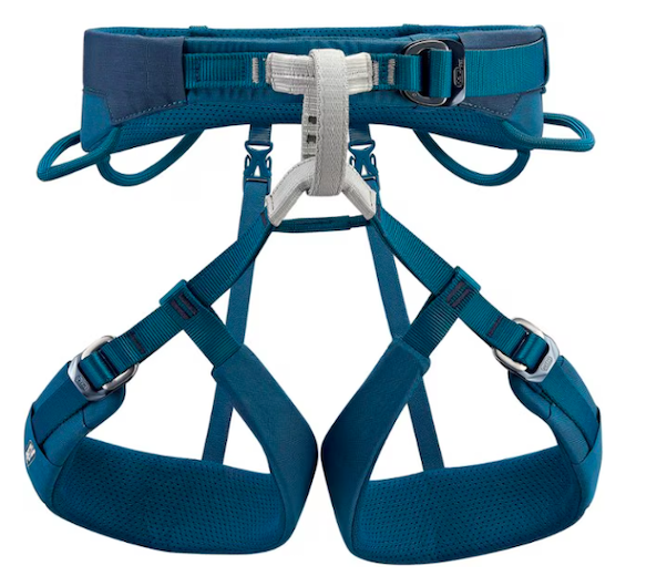 Blue and gray climbing harness with adjustable straps and padded leg loops.