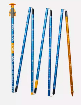 Five blue and orange measuring sticks and one orange and black mechanical pencil.