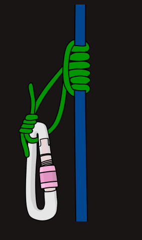 A climbing hook secured to a climbing rope and carabiner against a dark background.
