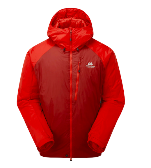 Red Mountain Equipment outdoor winter jacket with a hood and front zipper pocket.