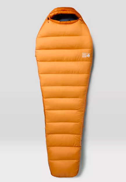 Orange sleeping bag with horizontal quilting, branded with The North Face logo, laid flat on a gray background.