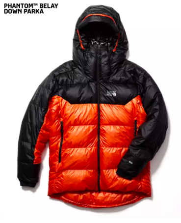 Black and orange down puffer jacket with hood