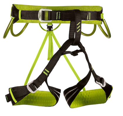 Climbing harness with green and black straps and metal buckles.