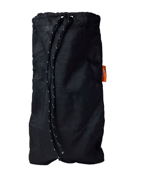 A black drawstring bag made of nylon fabric with a small orange tag on the side to protect food from bears and rodents