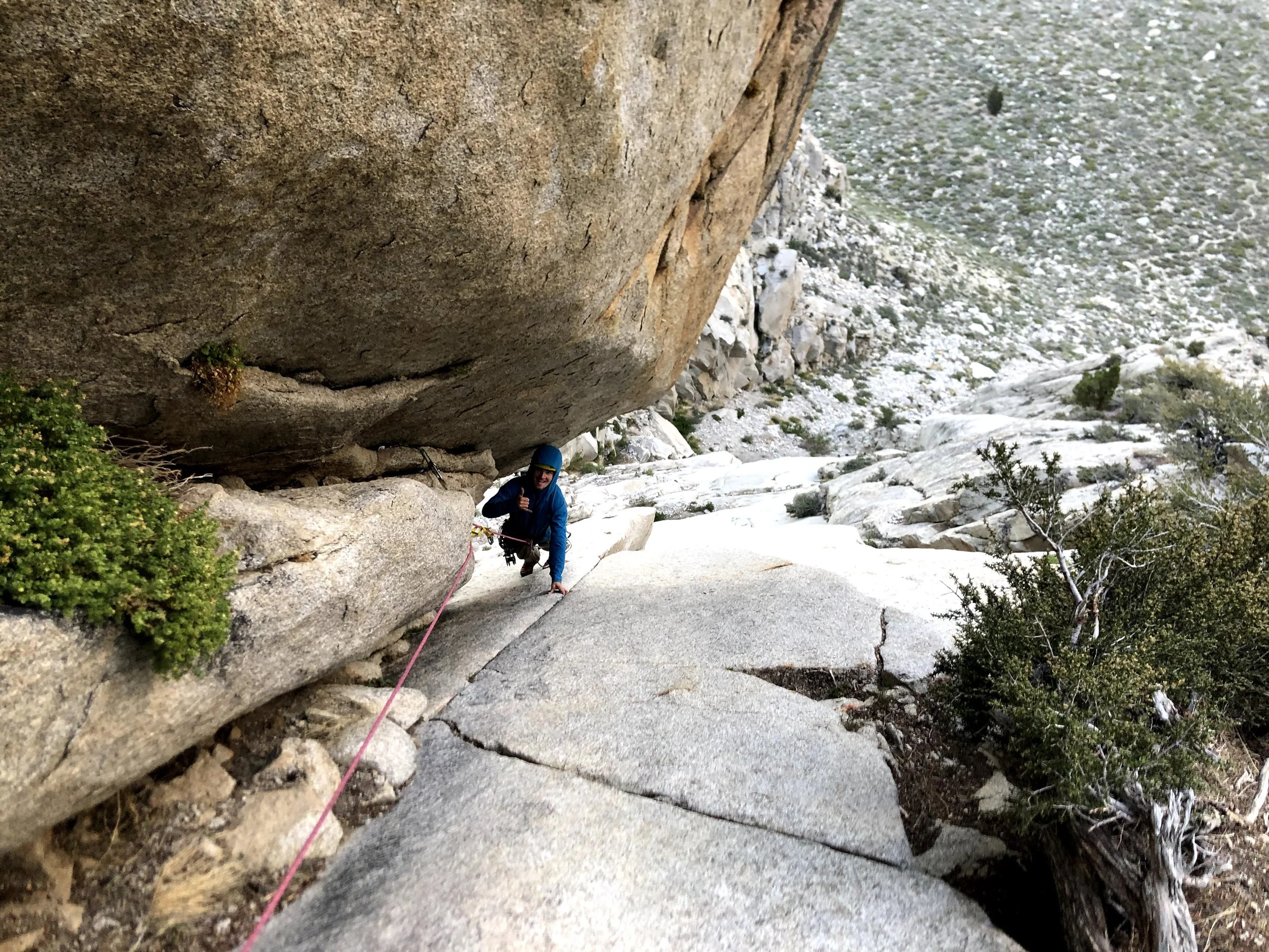 A person wearing a blue helmet and jacket is rock climbing on a steep granite surface outdoors, with a thimble of green shrubbery nearby and vast mountainous terrain in the background.