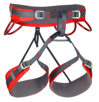 Climbing harness with adjustable straps and safety gear.