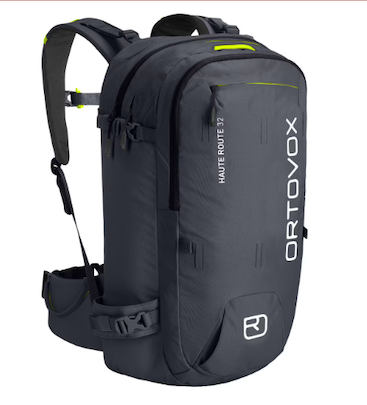 Black and gray ORTOVOX hiking backpack with multiple compartments and straps.