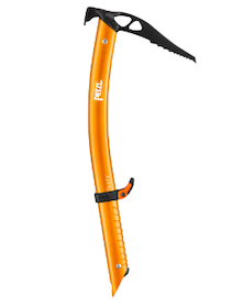 Orange ice axe with black pick and adze, and a black strap near the bottom