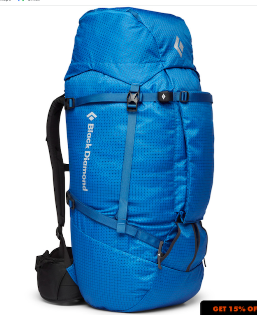 Blue Black Diamond hiking backpack with multiple compartments and straps.