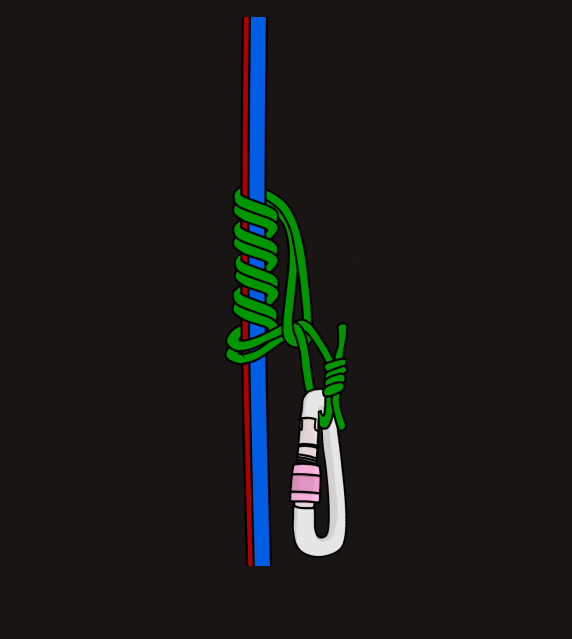 A climbing rope with a carabiner and quickdraw attached, hanging on a black background.