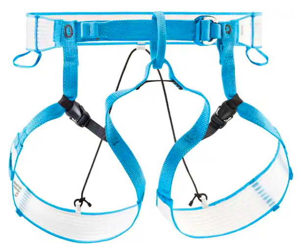 Blue safety harness with adjustable straps and leg loops, designed for climbing or fall protection
