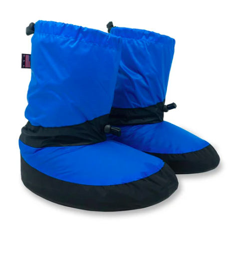 Pair of blue and black insulated winter booties with drawstrings