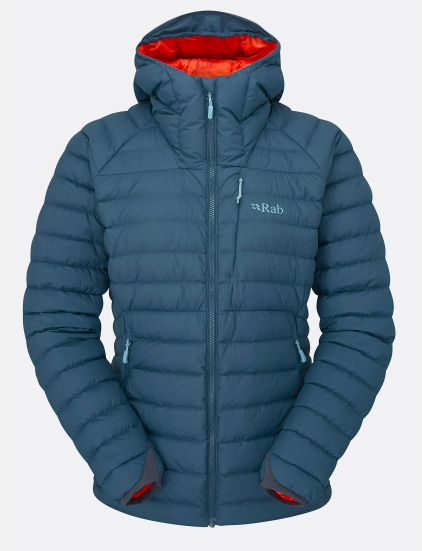 Blue insulated winter jacket with a hood and red interior lining, front zipper, and brand logo "Rab" on the chest.