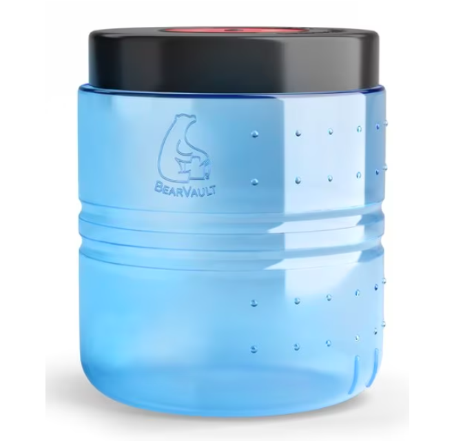Blue BearVault portable water storage container with a black lid, embossed with the BearVault logo.