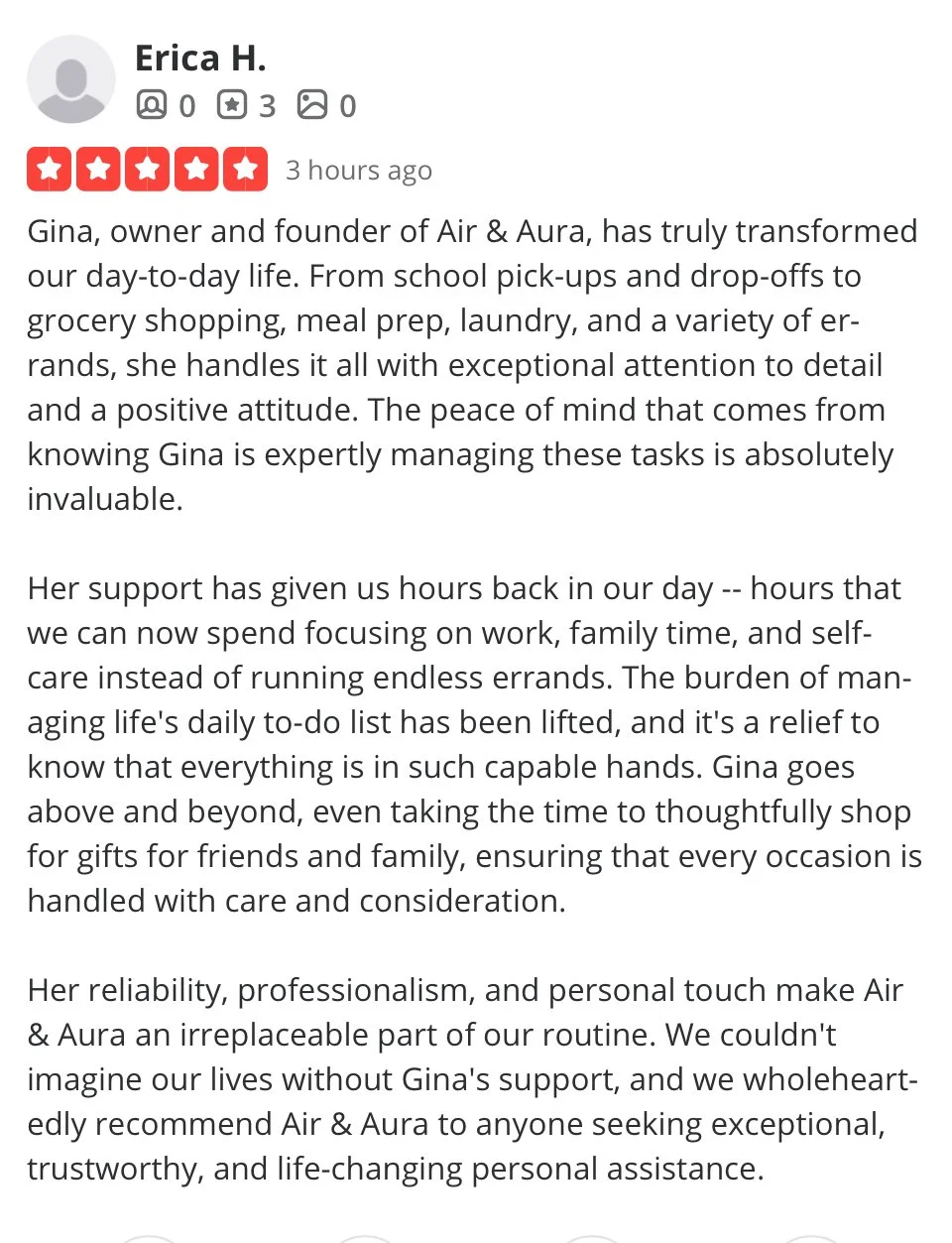 Customer review of Gina, owner of Air & Aura, praising her attention to detail, professionalism, and personal touch in managing tasks and gift shopping.