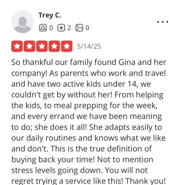 Screenshot of a Facebook review by Trey C. praising Gina and her company for helping with family chores, meal prep, and managing stress, with a 5-star rating.