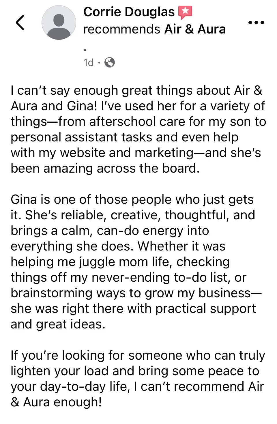 Screenshot of a Facebook recommendation for Air & Aura, praising Gina for her helpfulness and support.