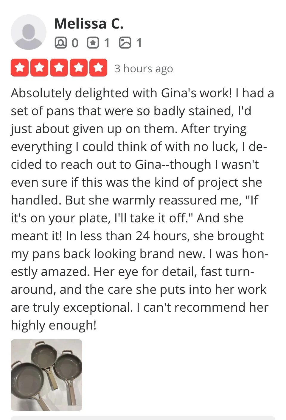 Set of three stained pans with handles, next to the customer's review