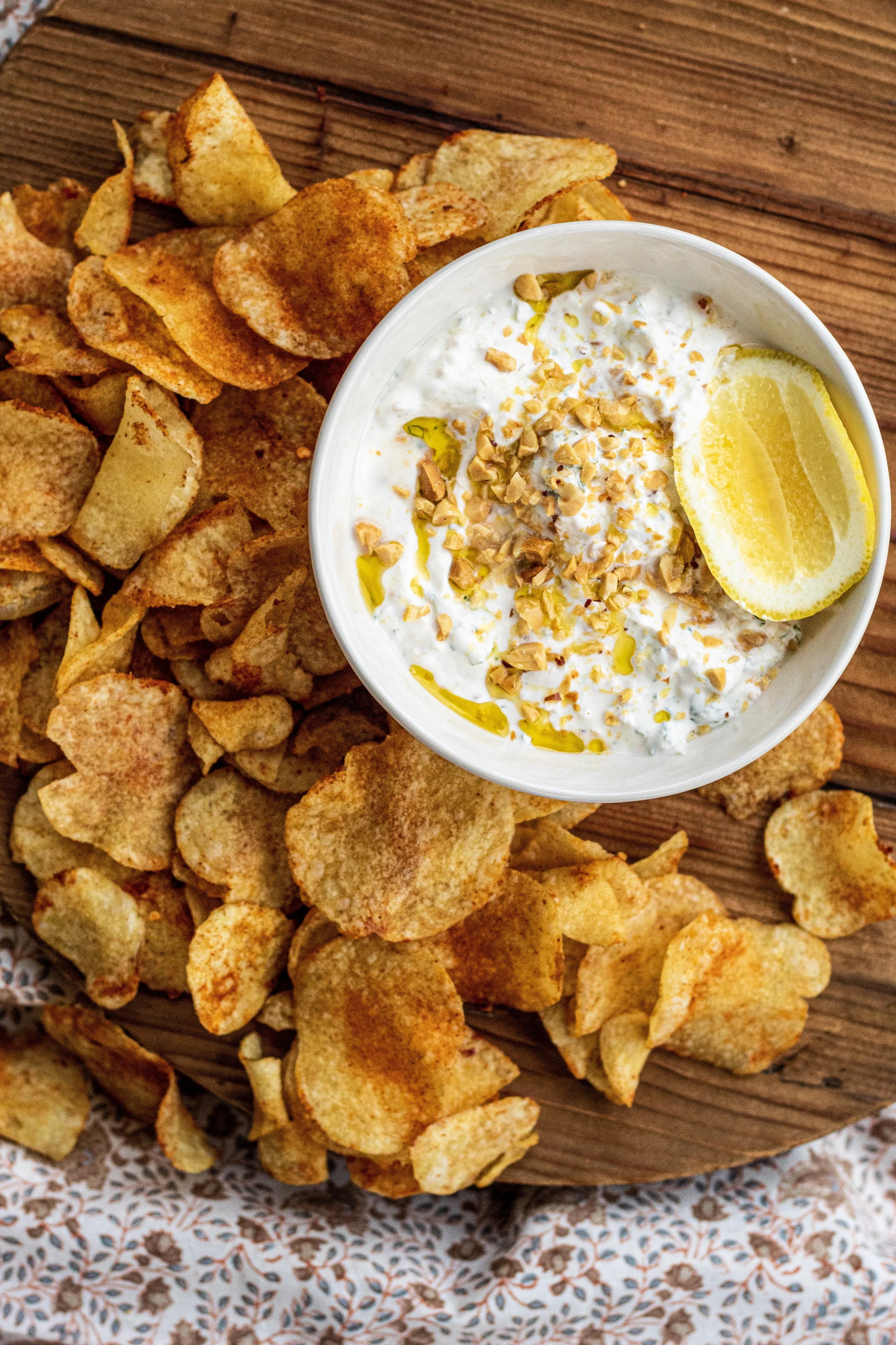Harissa Chips with Peanut Yogurt Dip