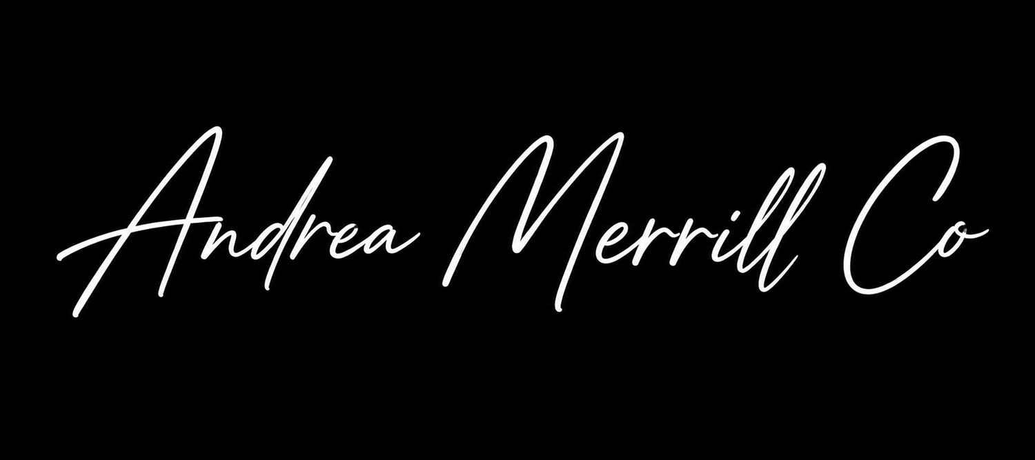 Black background with white cursive text that reads 'Andrea Merrill Co'.