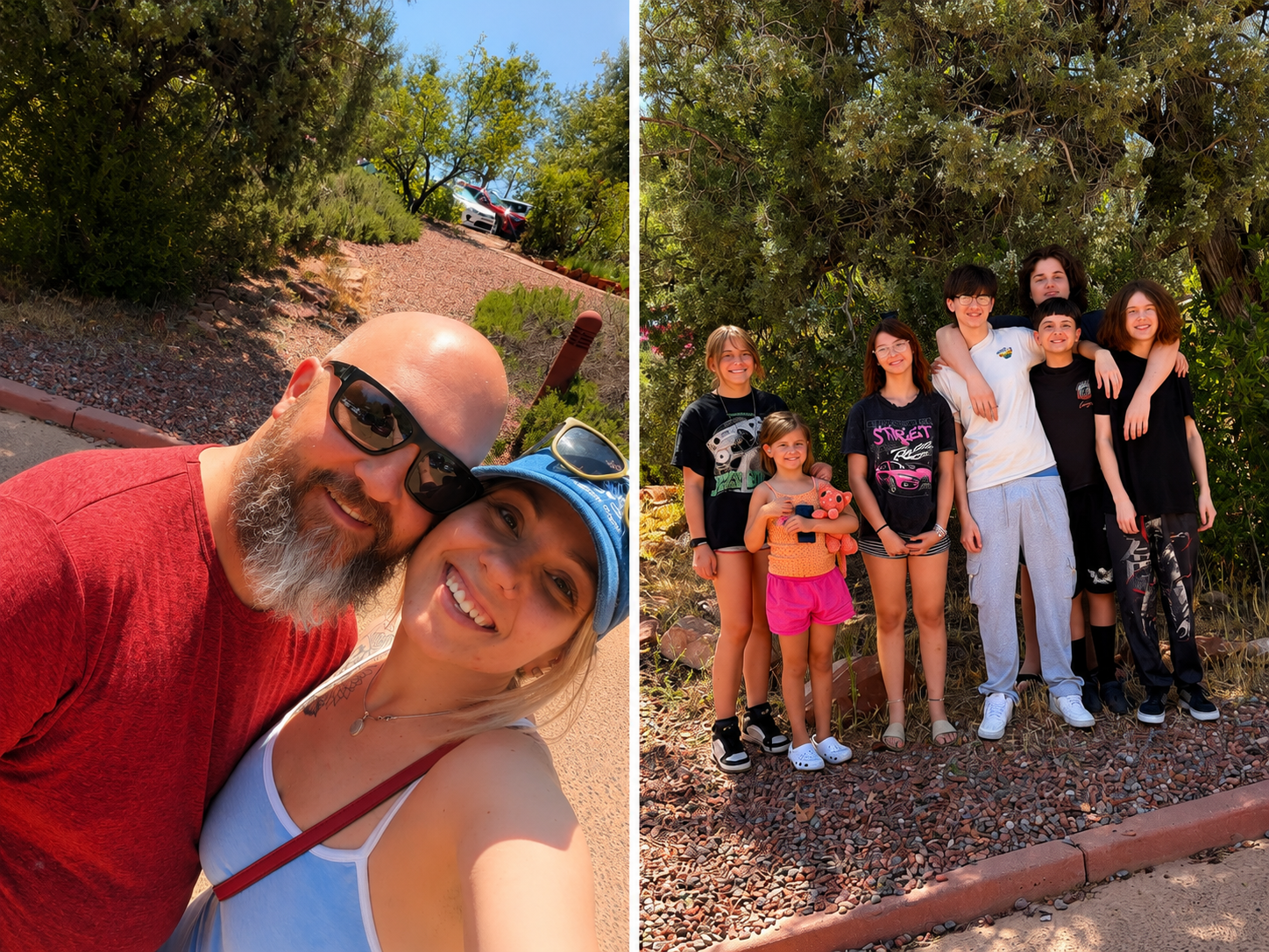 A split-image showing two photos. The left side is a selfie of a smiling man with a beard, sunglasses, and a red shirt, and a woman with blonde hair, a blue cap, and a white top outdoors. The right side is a group photo of seven children and teenagers, smiling outdoors under a large tree, with some wearing casual summer clothes.