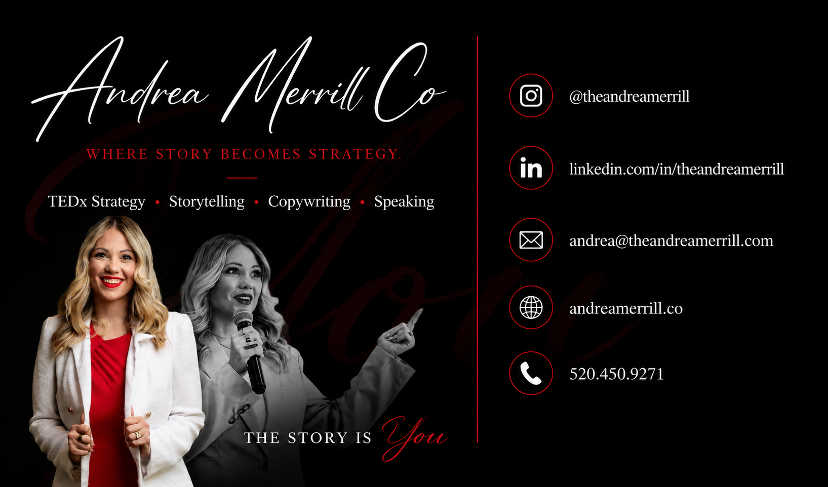 Business card for Andrea Merrill Co. featuring her photo, contact information, and social media handles, with a black background and red and white text.
