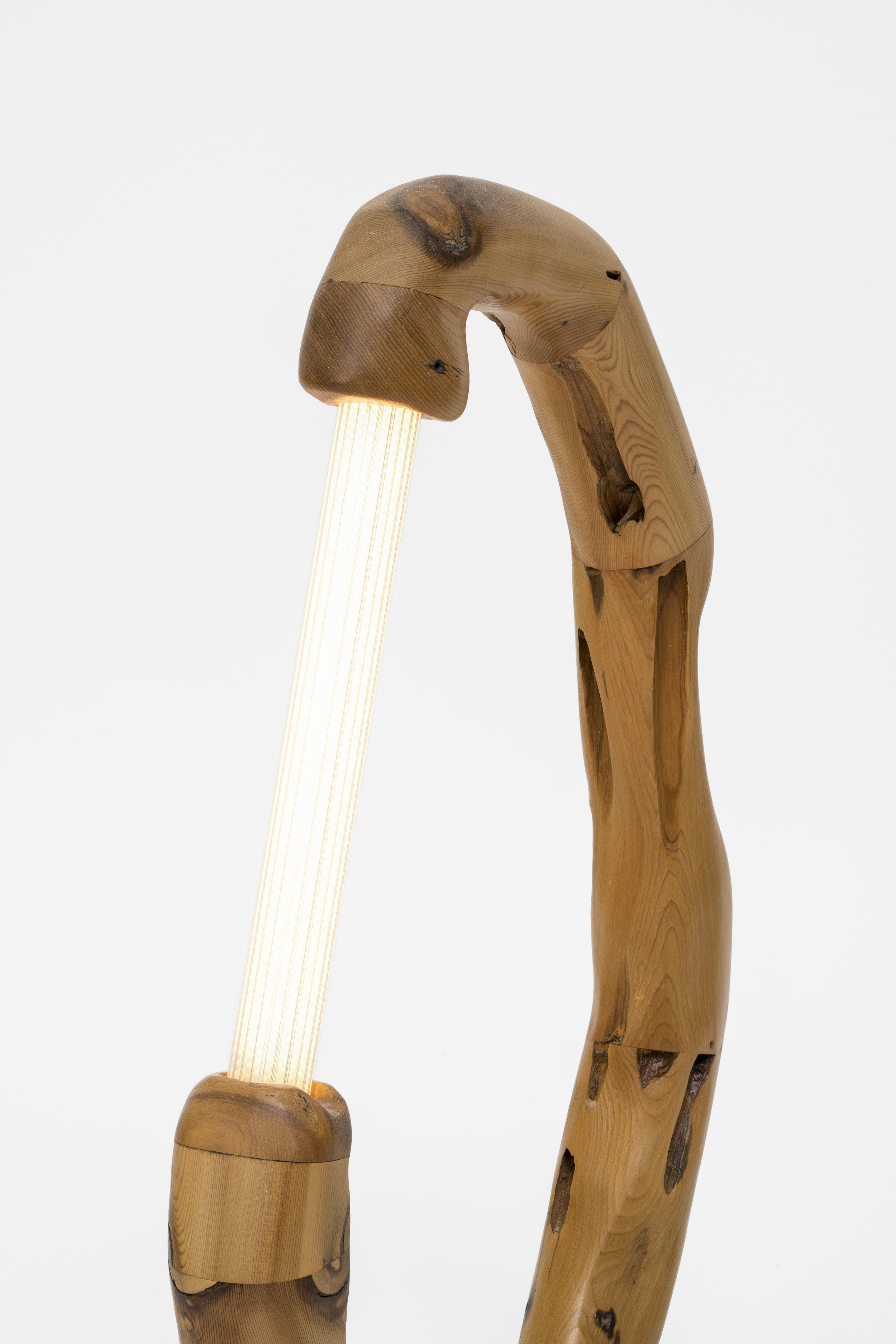 Wooden lamp with a curved, natural branch design and a glowing elongated light bulb.