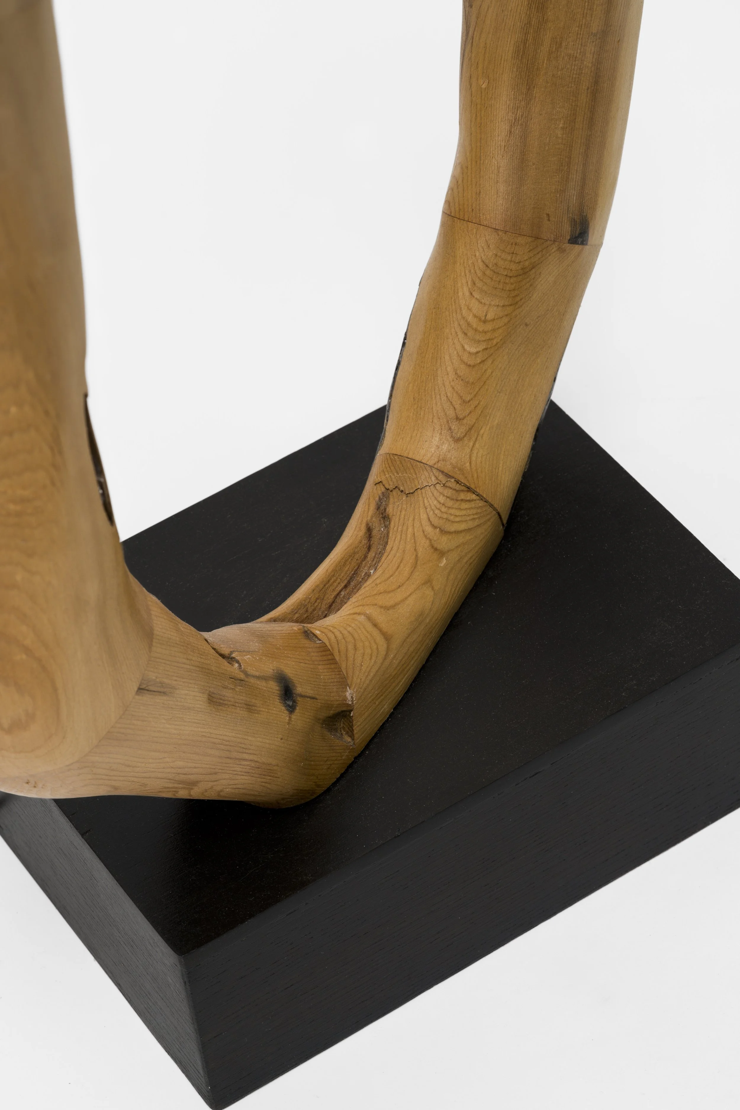 Close-up of a wooden sculpture mounted on a black rectangular base.