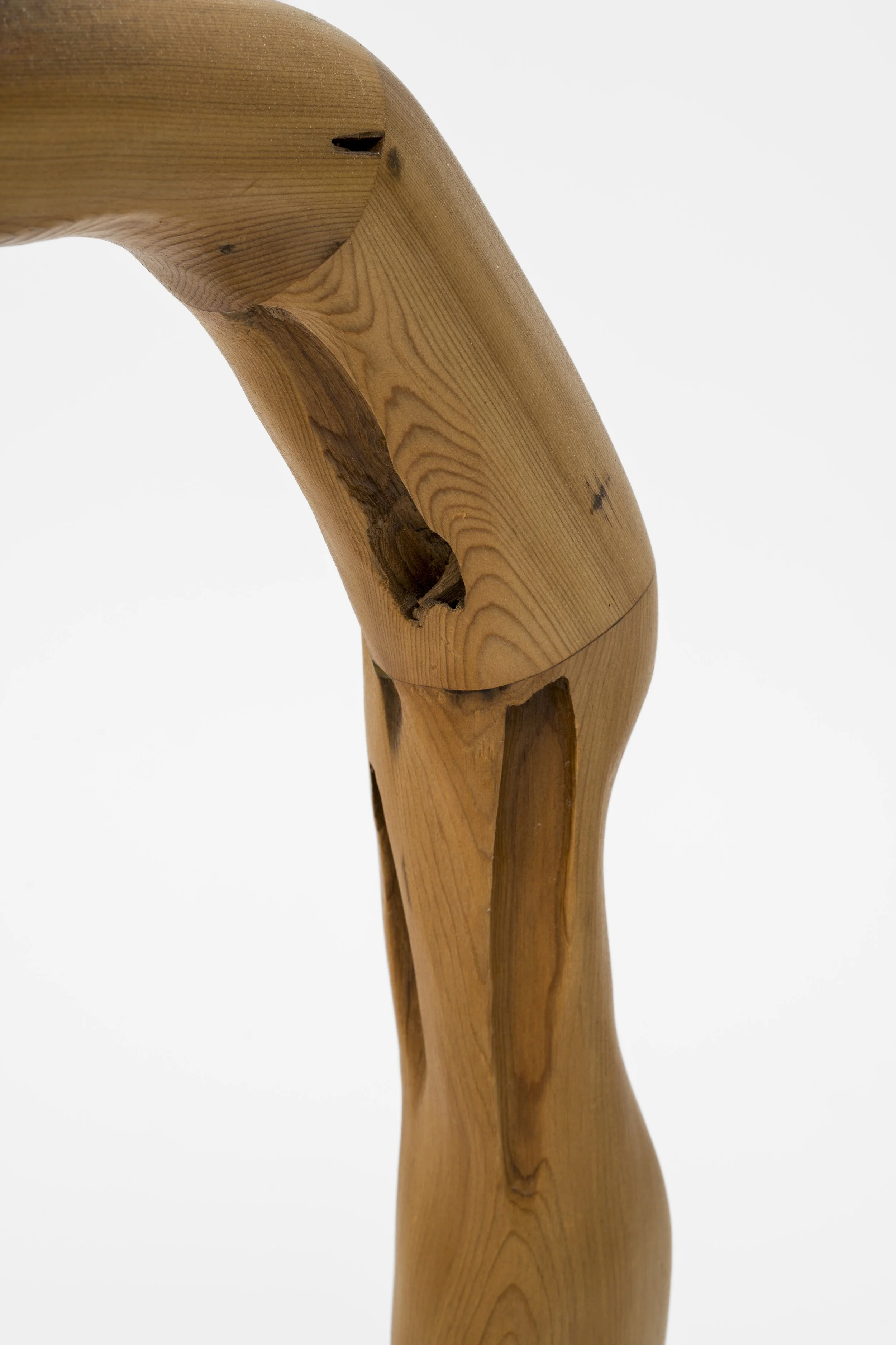 Close-up of a wooden furniture leg with natural wood grain, knots, and a smooth, polished surface.