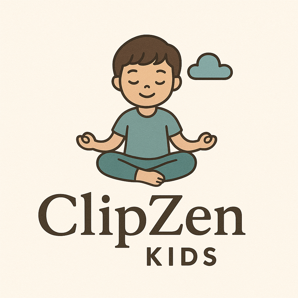 Ilustración de un niño en posición de meditación con una nube pequeña en el fondo y el texto "ClipZen KIDS".