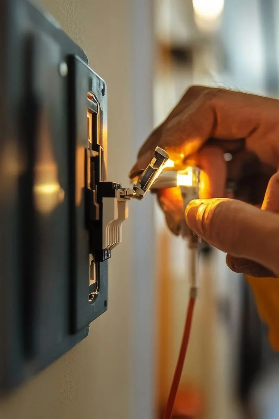 Technicien effectuant une maintenance électrique sur une prise électrique.