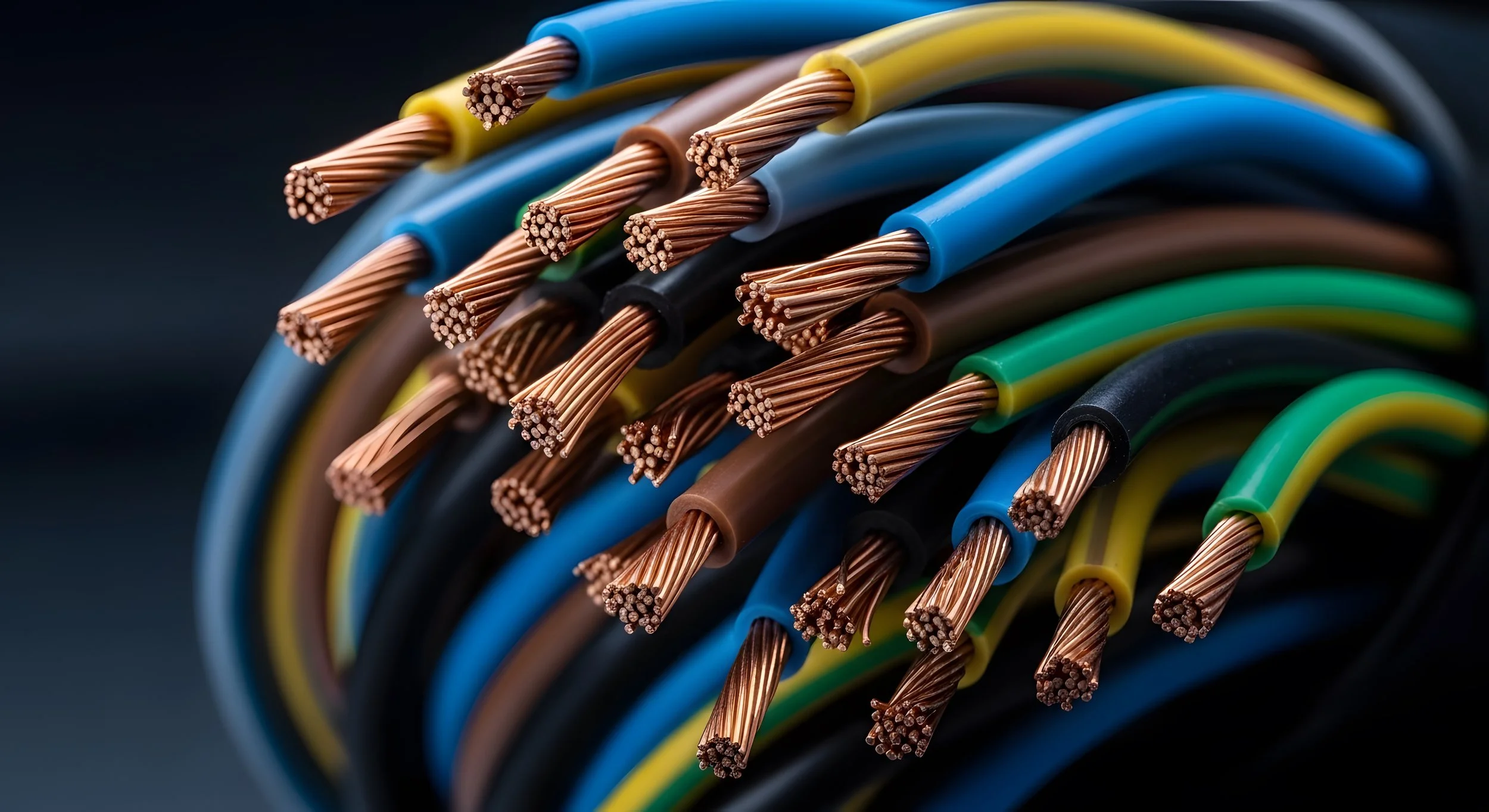 Fils électriques de différentes couleurs, coupés à l'extrémité, disposés côte à côte.