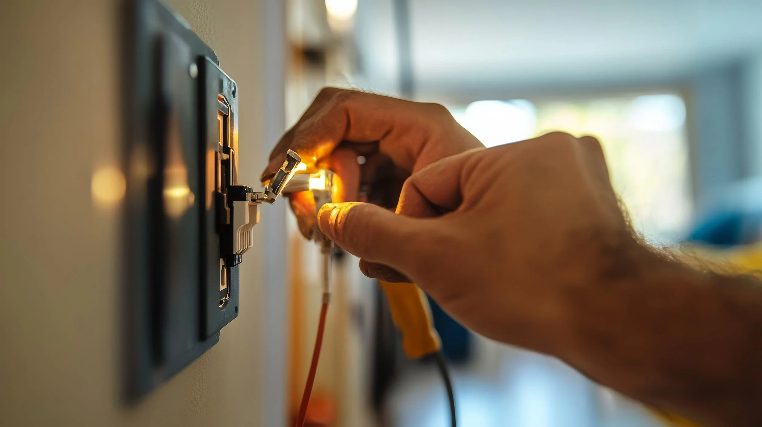 Un électricien branche une fiche électrique dans une prise murale.