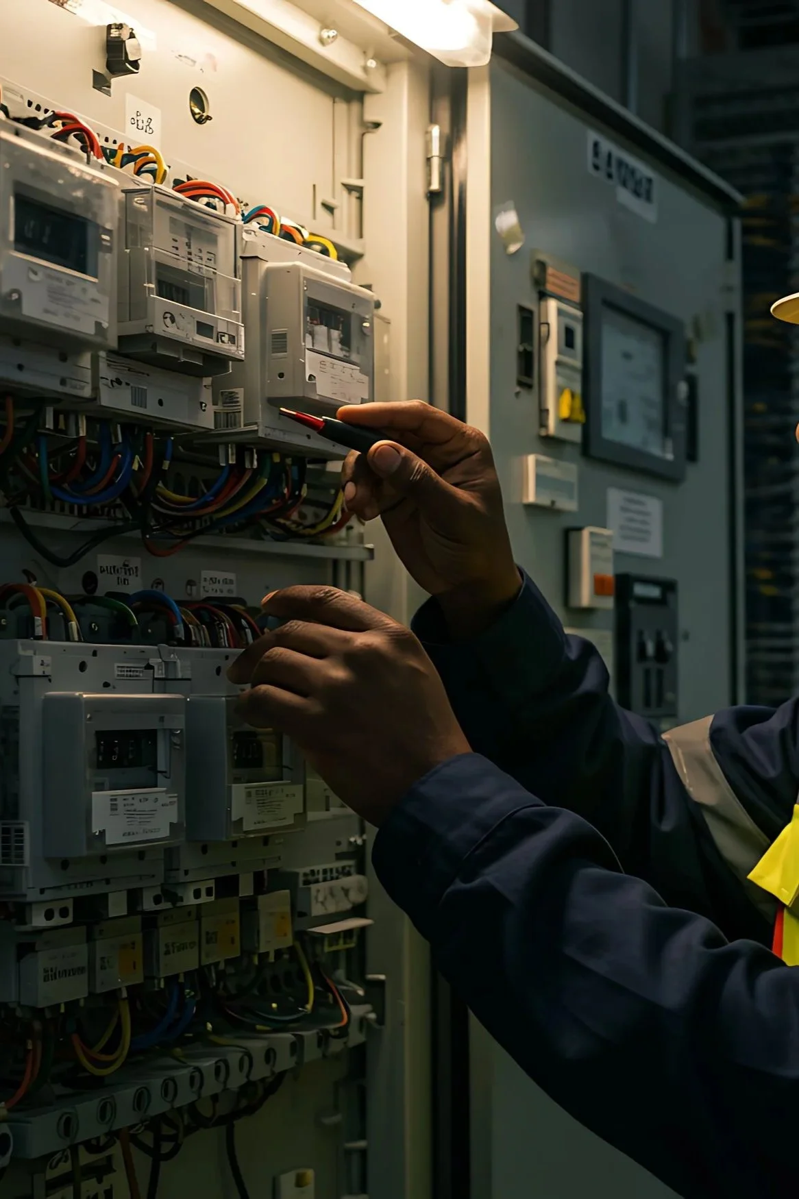 Un technicien travaillant sur un panneau électrique contenant plusieurs disjoncteurs, câbles et dispositifs électriques.