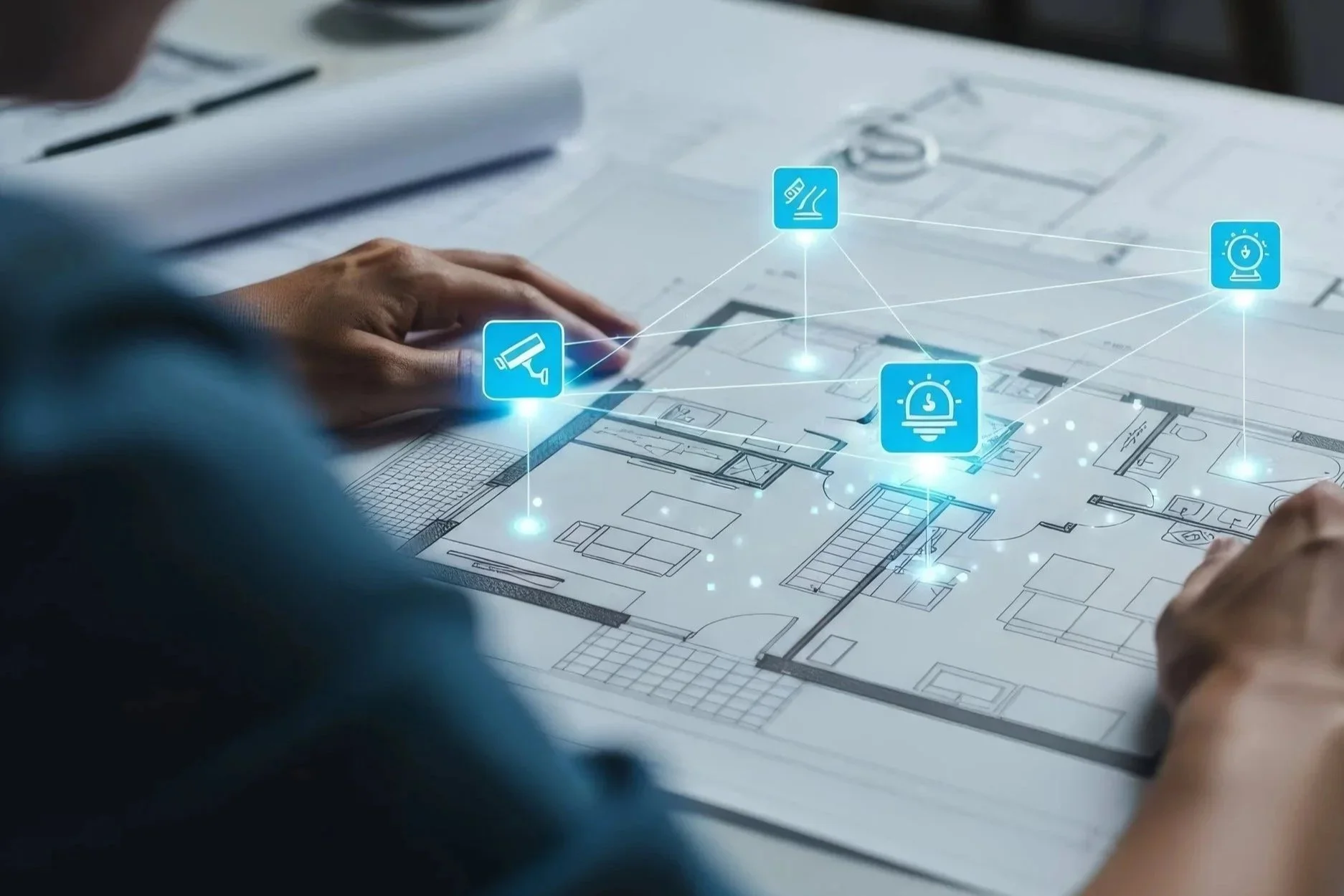 Plan architectural avec icônes holographiques représentant la sécurité et la surveillance