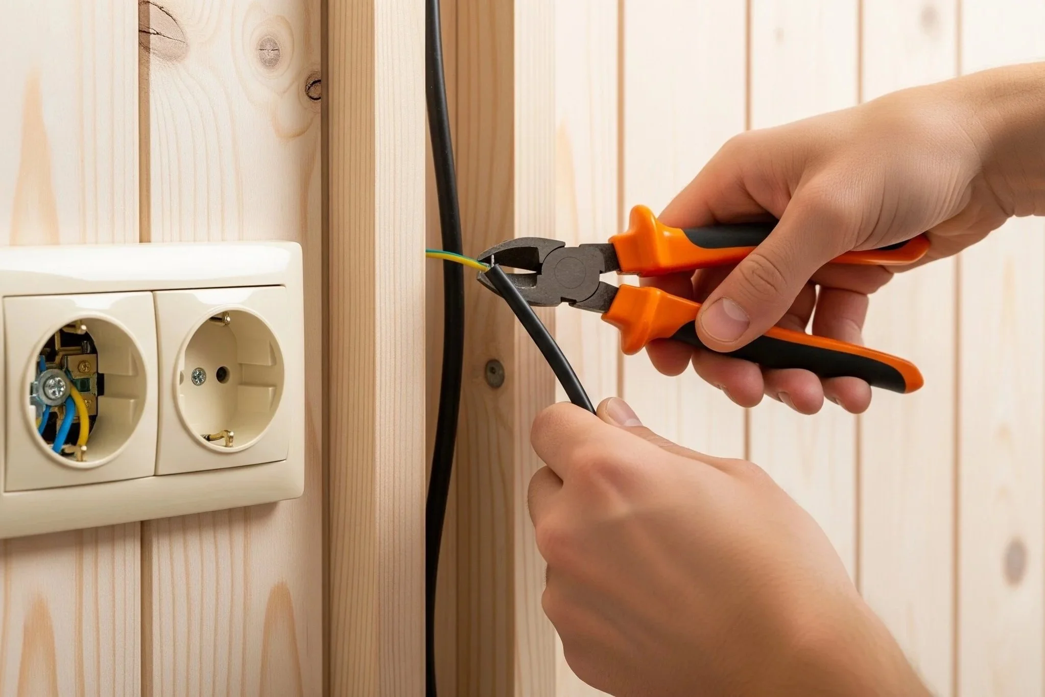 Un électricien utilise une pince coupante pour dénuder un câble électrique.