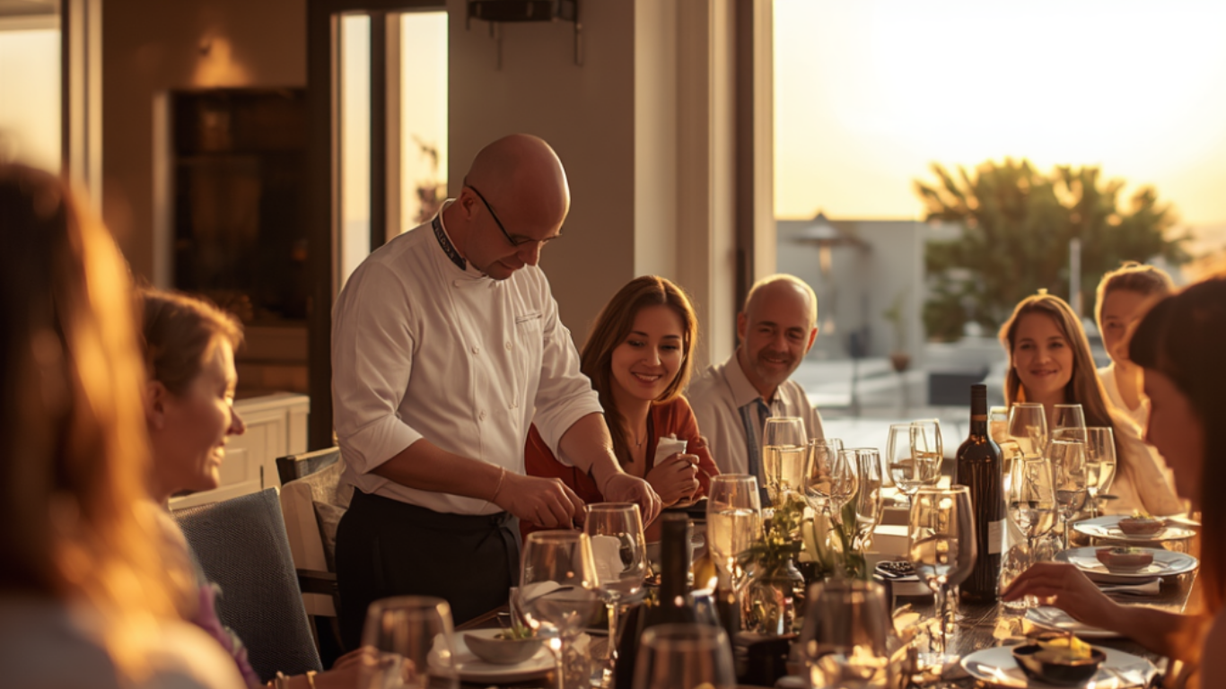 Groupe de personnes souriantes autour d'une table lors d'un dîner, avec un chef qui sert la nourriture, en plein soleil couchant en arrière-plan.